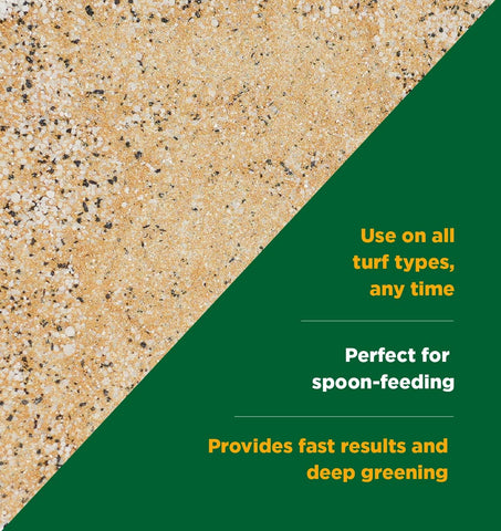 The Andersons Super Juice lawn fertilizer being applied on turf to promote deep greening.