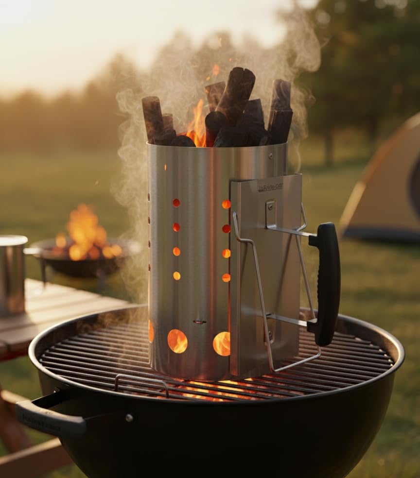 Binchotan charcoal ignition with The Bincho Grill stainless steel chimney starter.