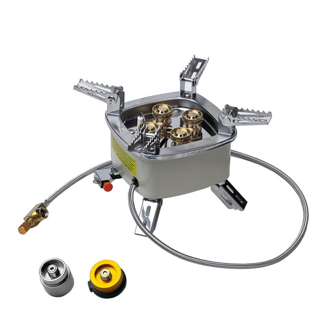 The Bincho Grill four-head gas stove fully assembled for outdoor cooking