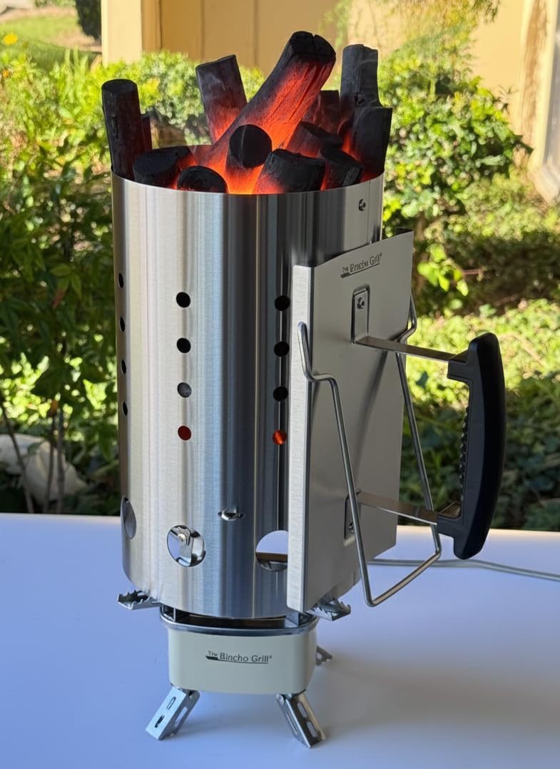 The Bincho Grill chimney starter with heat shield handle for safer handling.