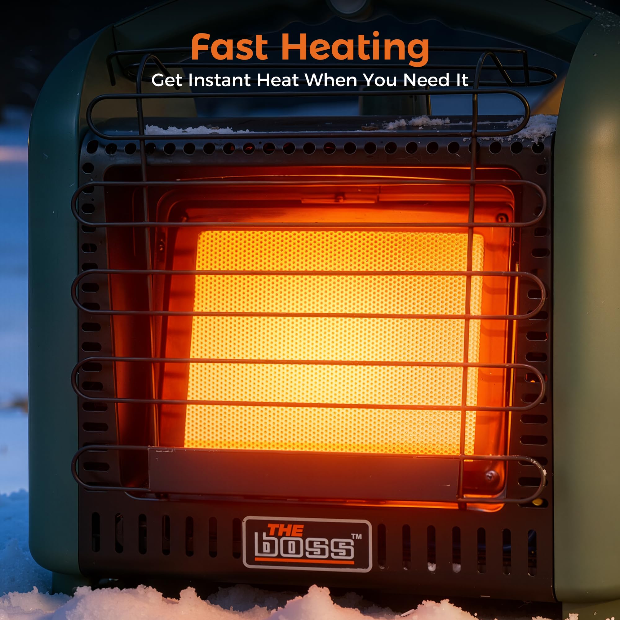 THE BOSS outdoor-warmth heater offers adjustable heat for camping and backyard gatherings.