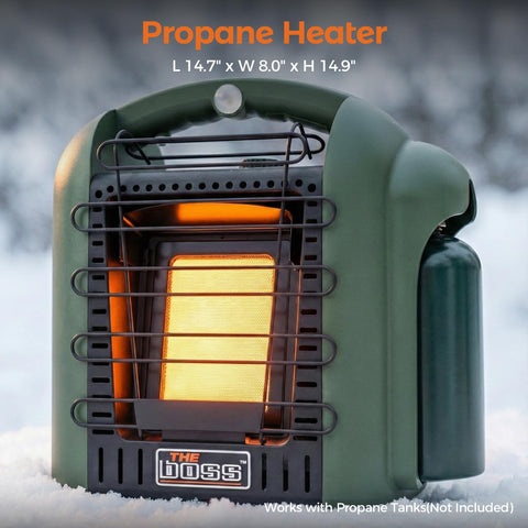 THE BOSS propane heater patio-dining scene provides cozy warmth for outdoor meals