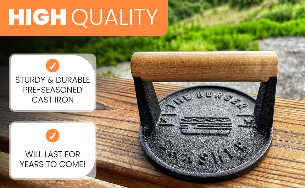 The Burger Smasher durable press handles high heat on griddles and skillets
