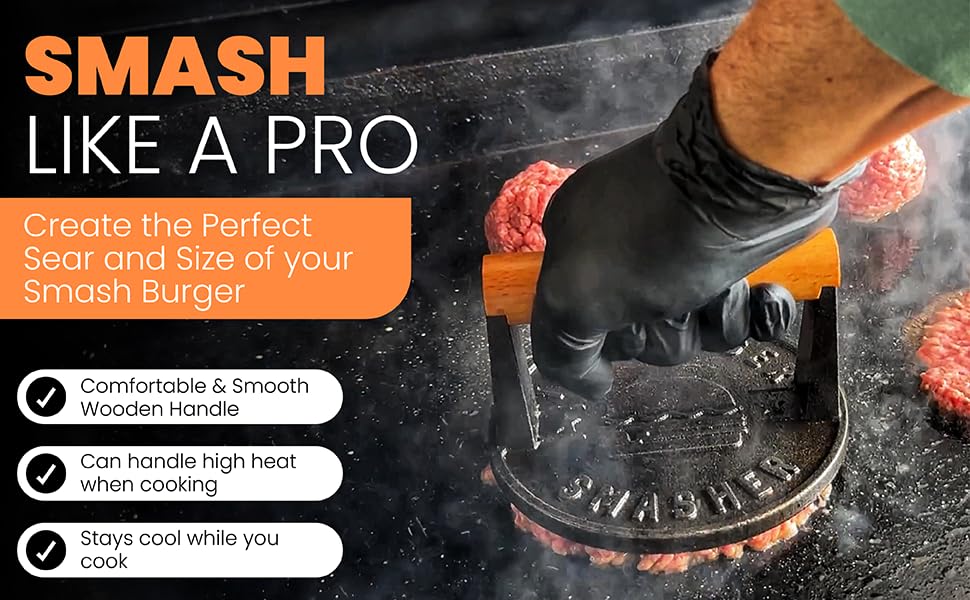 The Burger Smasher flat-bottom press ensures ultra-thin patties for true smash burgers
