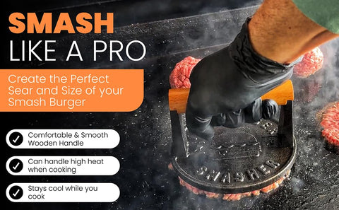 The Burger Smasher flat-bottom press ensures ultra-thin patties for true smash burgers