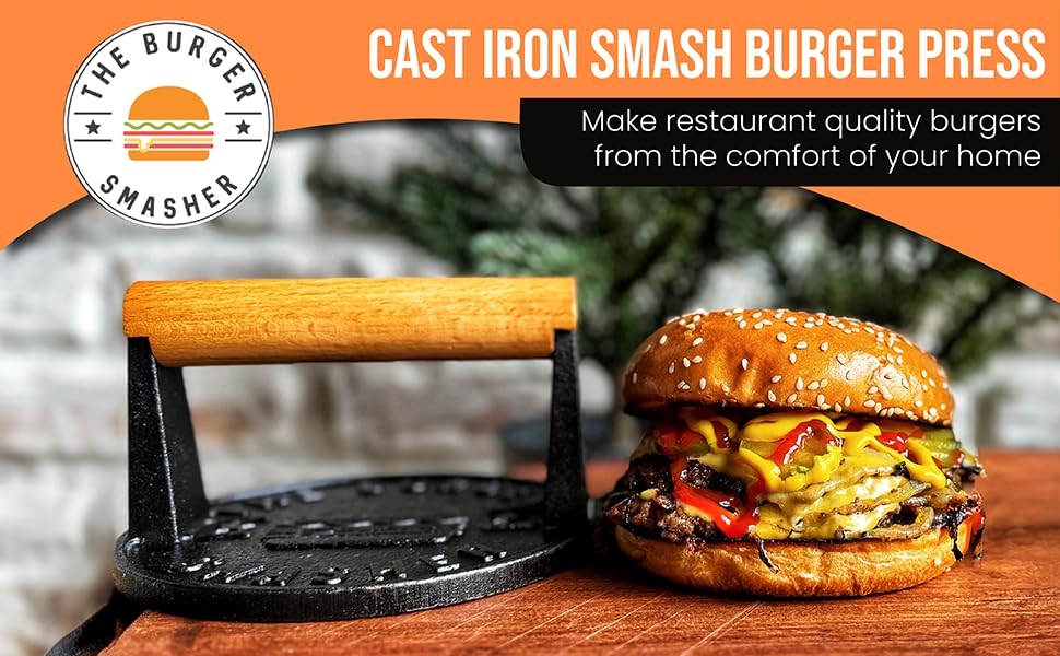 The Burger Smasher pre-seasoned press on a hot surface for quick flattening
