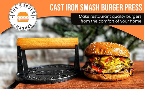 The Burger Smasher pre-seasoned press on a hot surface for quick flattening