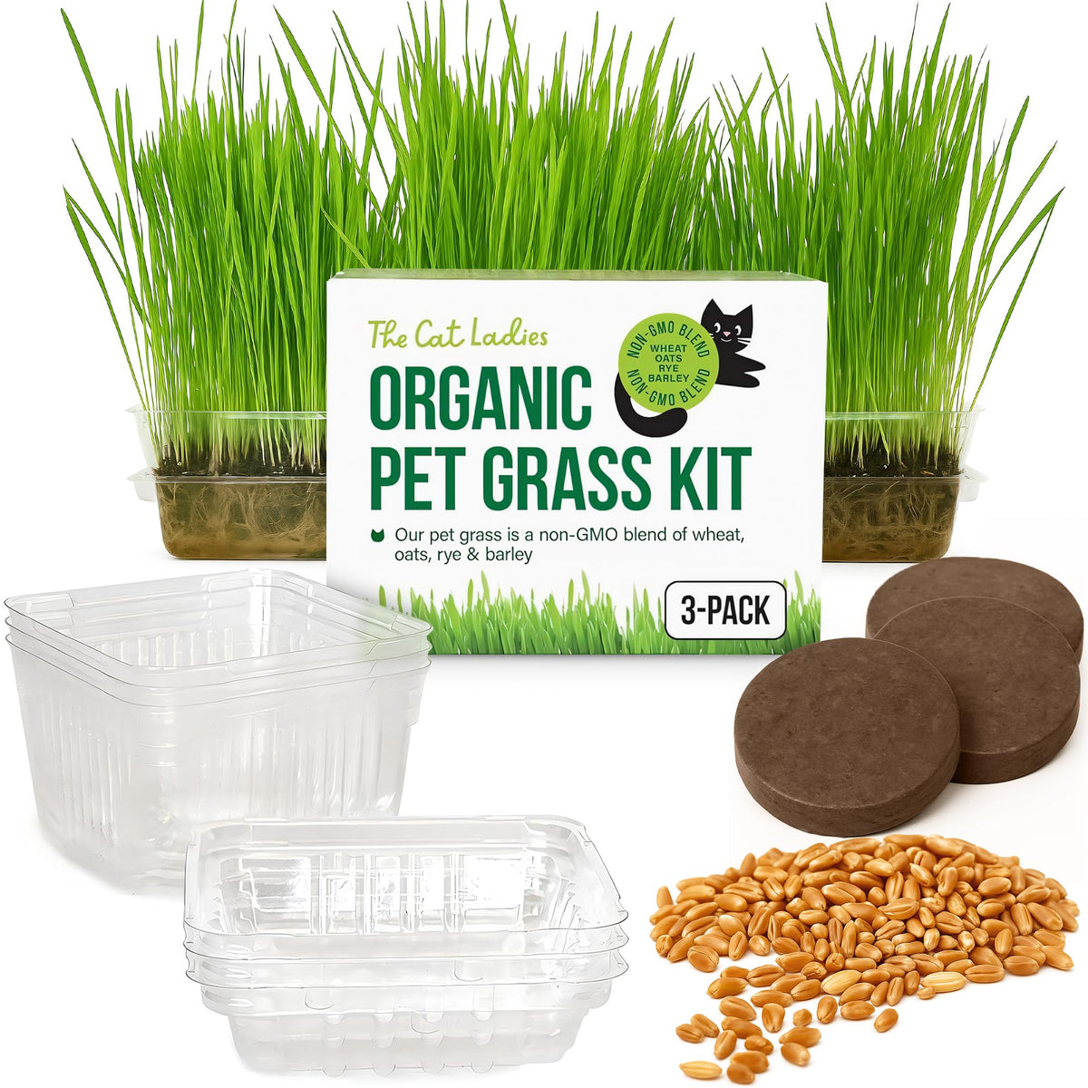 The Cat Ladies cat grass growing kit packaging, easy setup for fresh indoor greens.
