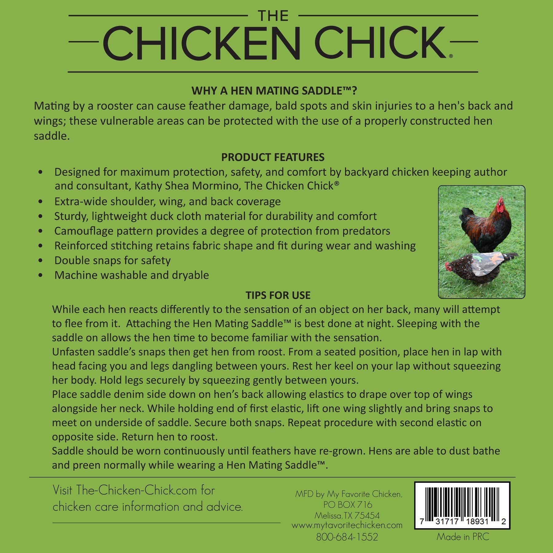 The Chicken Chick Hen Saddle strap secures safe wear during daily activities.