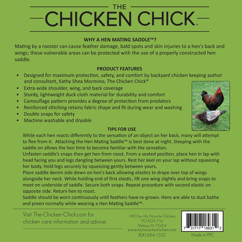 The Chicken Chick Hen Saddle strap secures safe wear during daily activities.