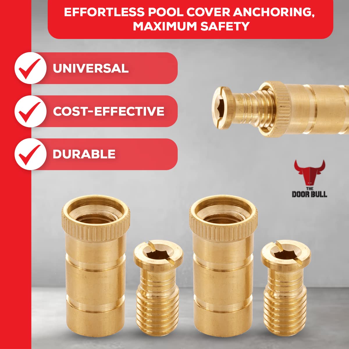 The Door Bull anchor-in-hole demonstrates quick, tool-free installation for concrete or paver decks.