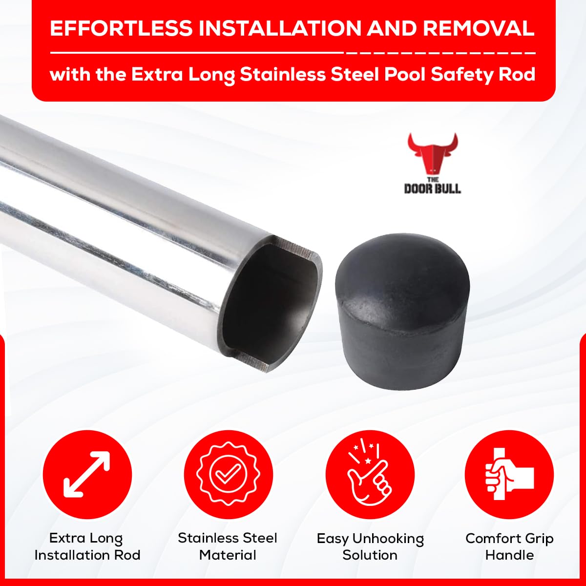 The Door Bull stainless-steel rod features a comfort grip for better leverage.