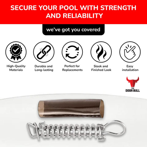 The Door Bull stopper D-ring prevents overstretch while securing the pool cover.