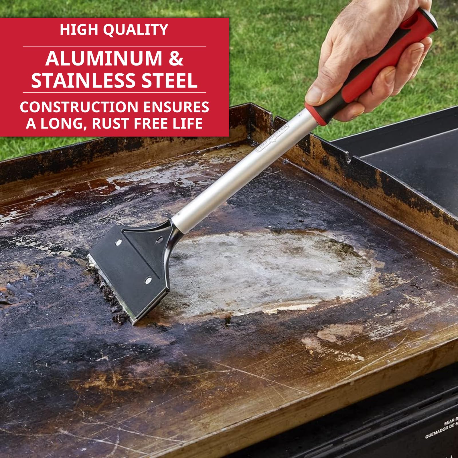 THE FRYOILSAVER CO flat-top cleaning action on grills with broad blade.