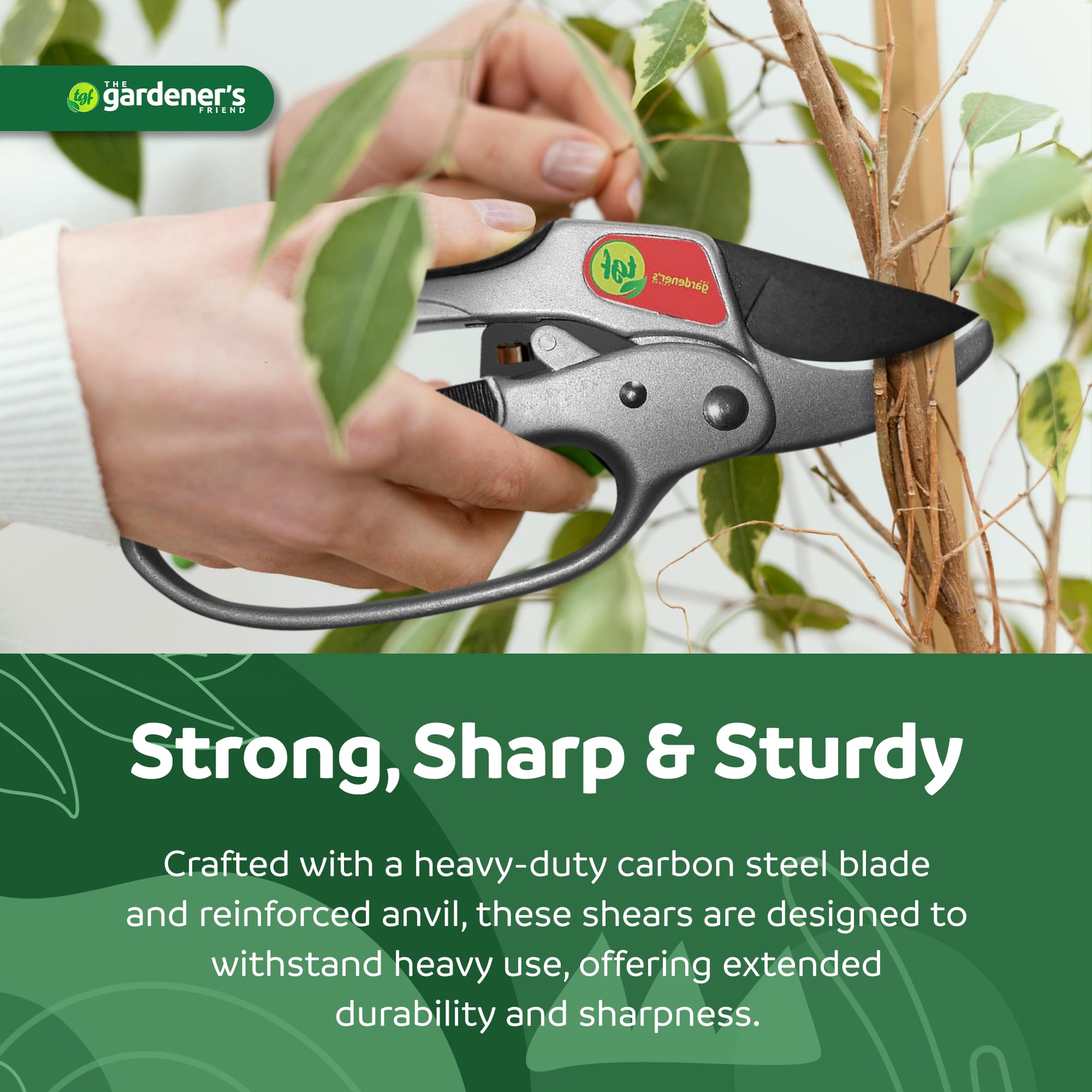 The Gardener's Friend pruner used in a garden bed for trimming.