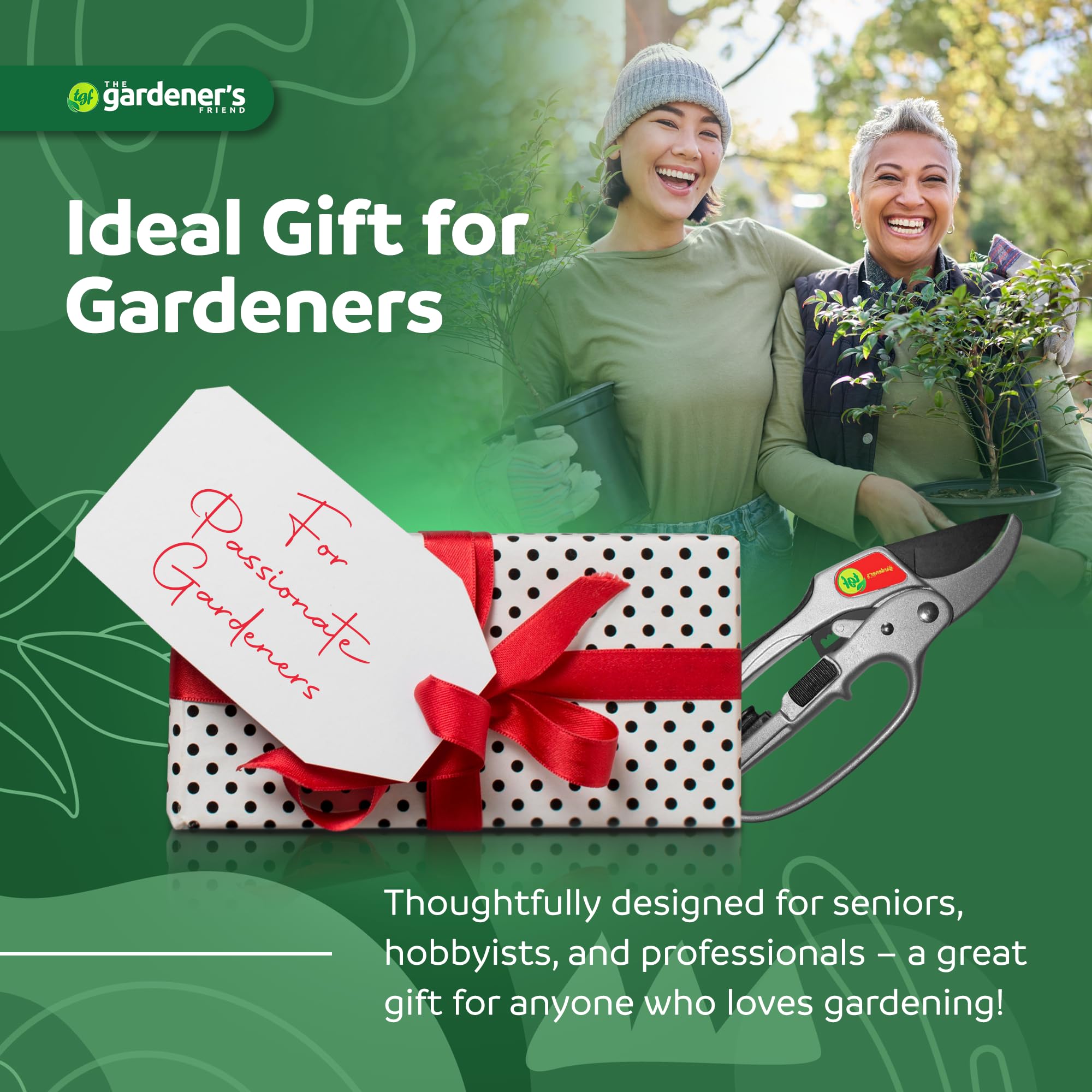The Gardener's Friend pruner hands demonstrate ergonomic grip during pruning.