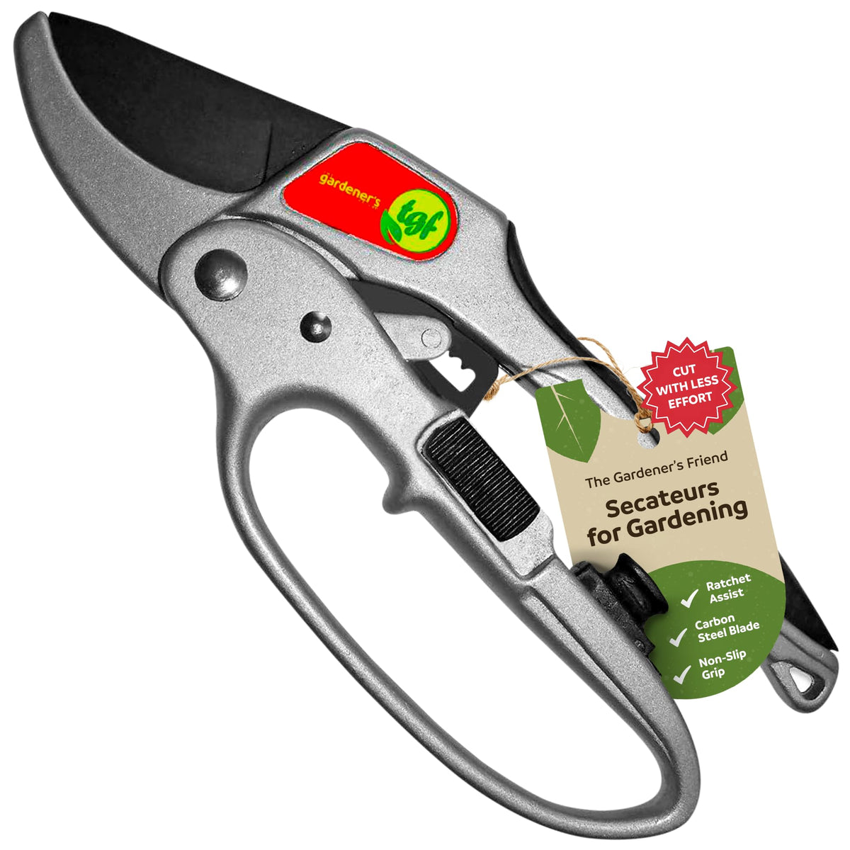The Gardener's Friend ratchet pruning shears angled view for precise cuts.