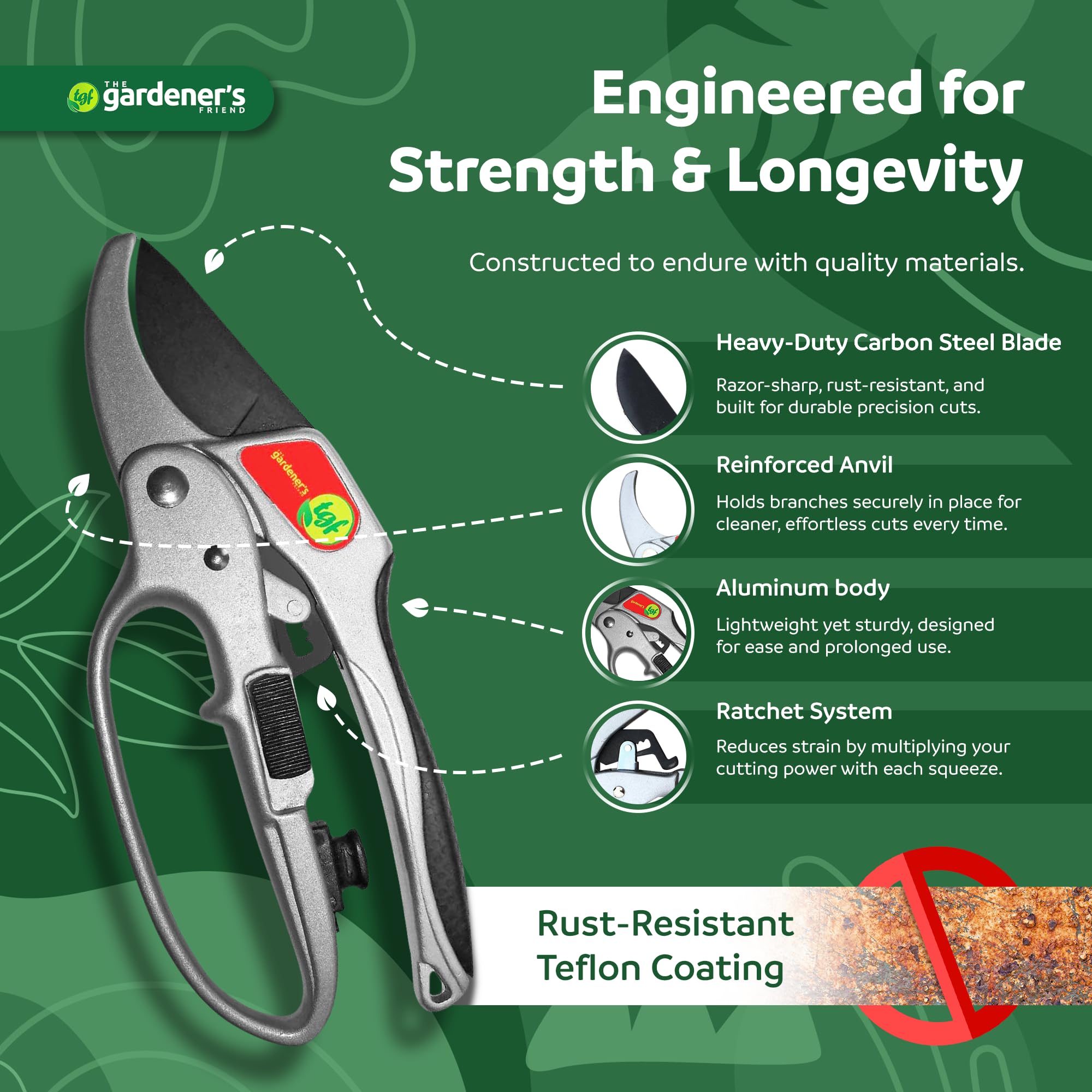 The Gardener's Friend ratchet pruning shears in use cutting wood branches.