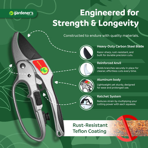 The Gardener's Friend ratchet pruning shears in use cutting wood branches.
