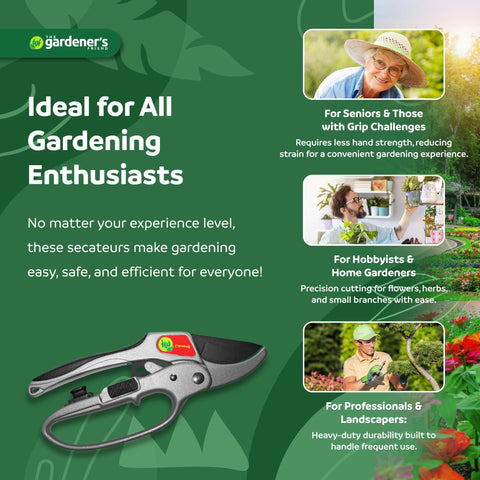 The Gardener's Friend ratcheting pruner safety latch demonstrates secure storage.