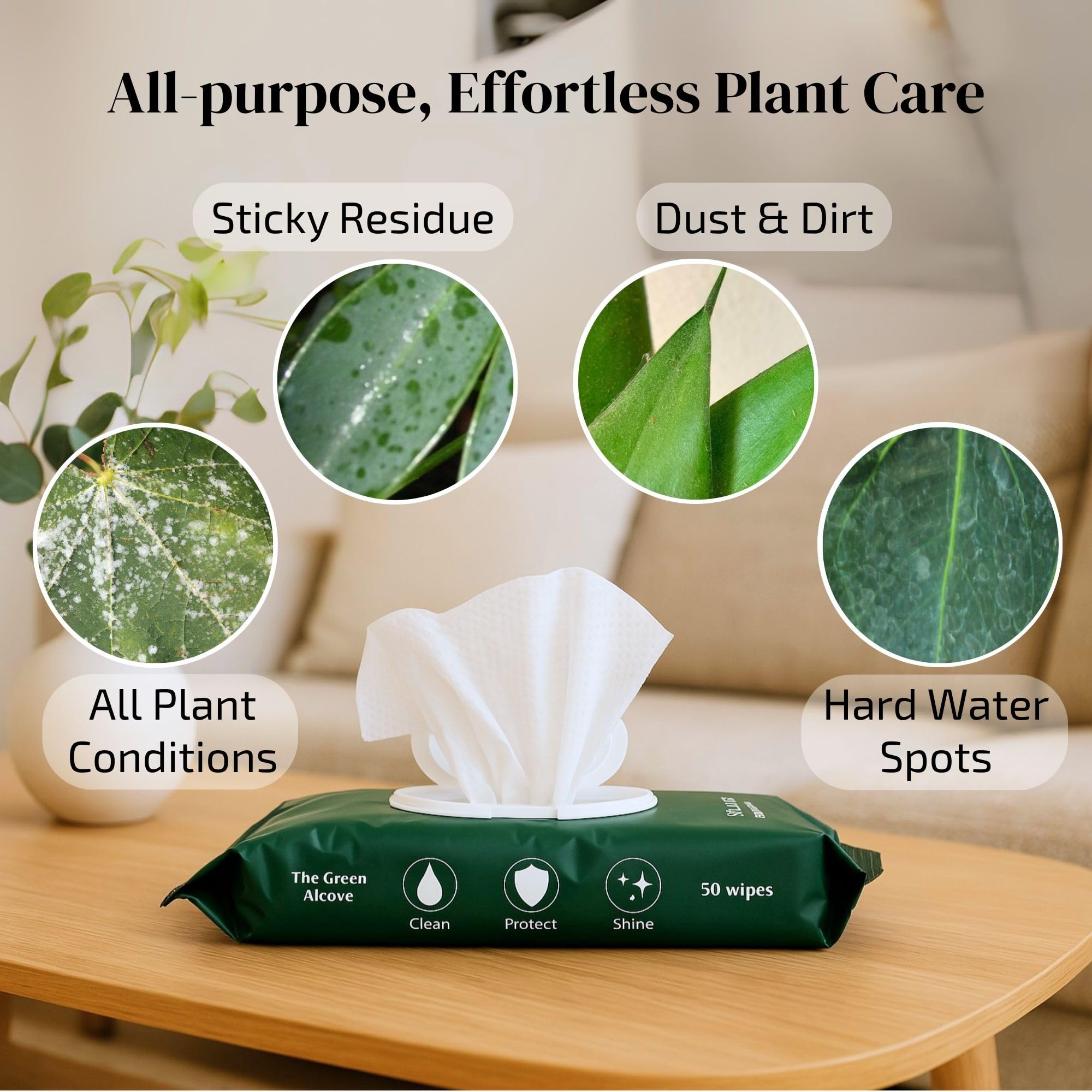The Green Alcove wipes texture closeup shows dust lifting action on leaves.