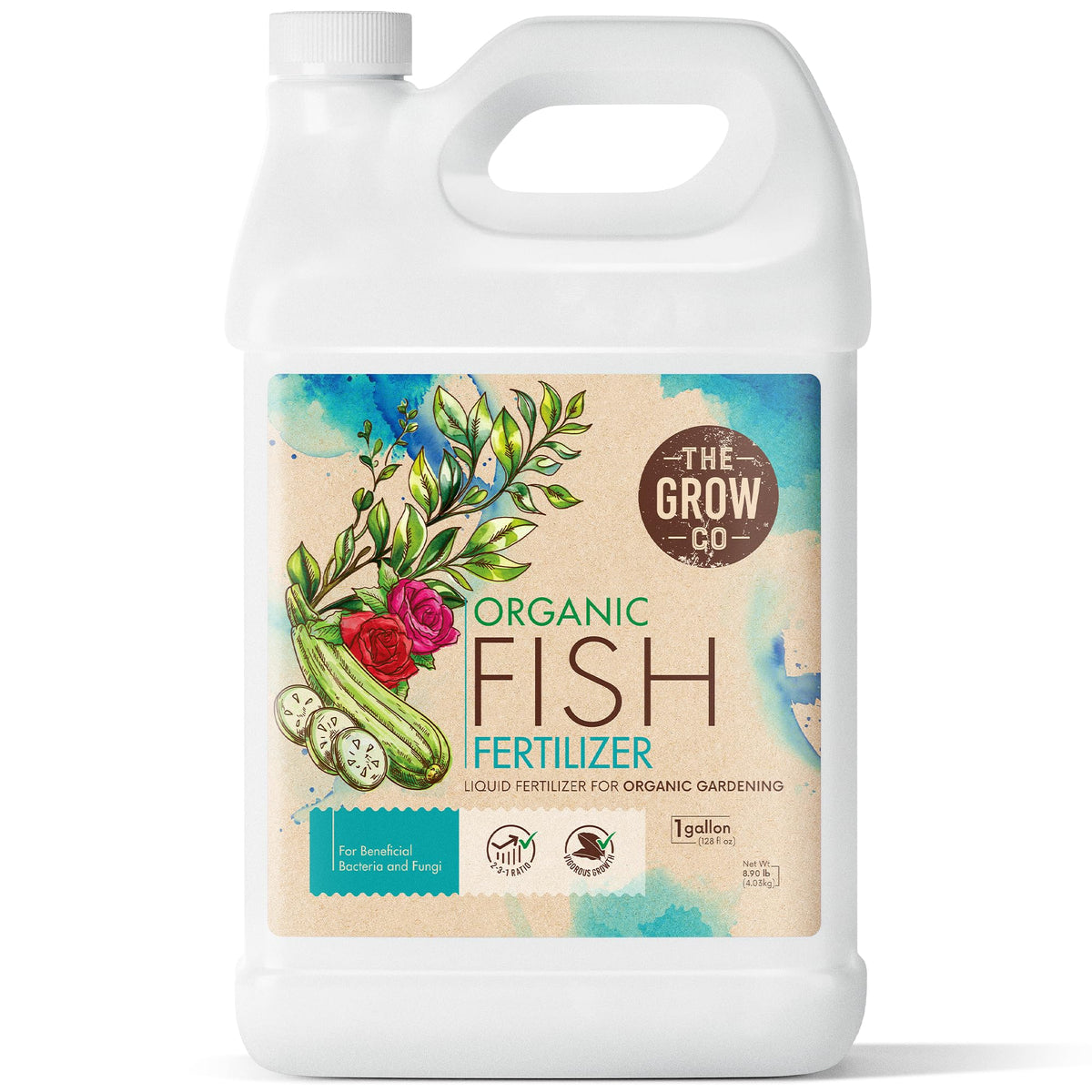 The Grow Co 1G Organic Fish Emulsion bottle demonstrates potent nutrients for healthy plant growth.