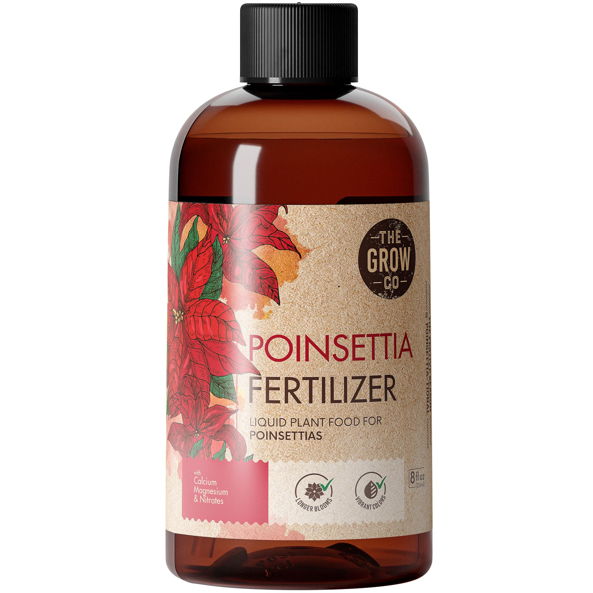 The Grow Co 8oz Poinsettia Fertilizer bottle boosts holiday color and longevity.