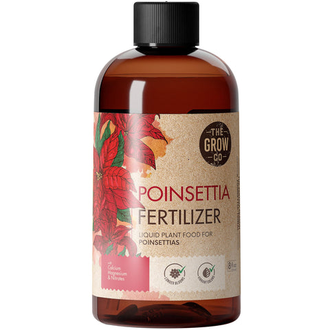 The Grow Co 8oz Poinsettia Fertilizer bottle boosts holiday color and longevity.