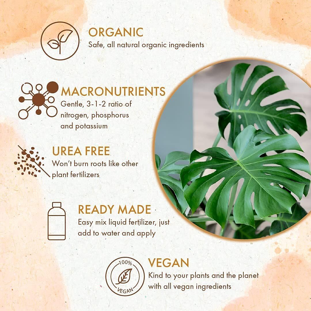 The Grow Co Monstera Plant Food label closeup shows natural ingredients.