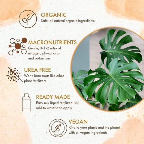 The Grow Co Monstera Plant Food label closeup shows natural ingredients.