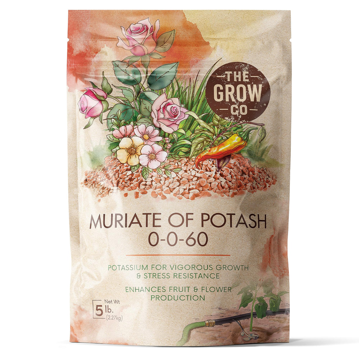 The Grow Co Muriate of Potash bottle with label boosts potassium for thriving turf
