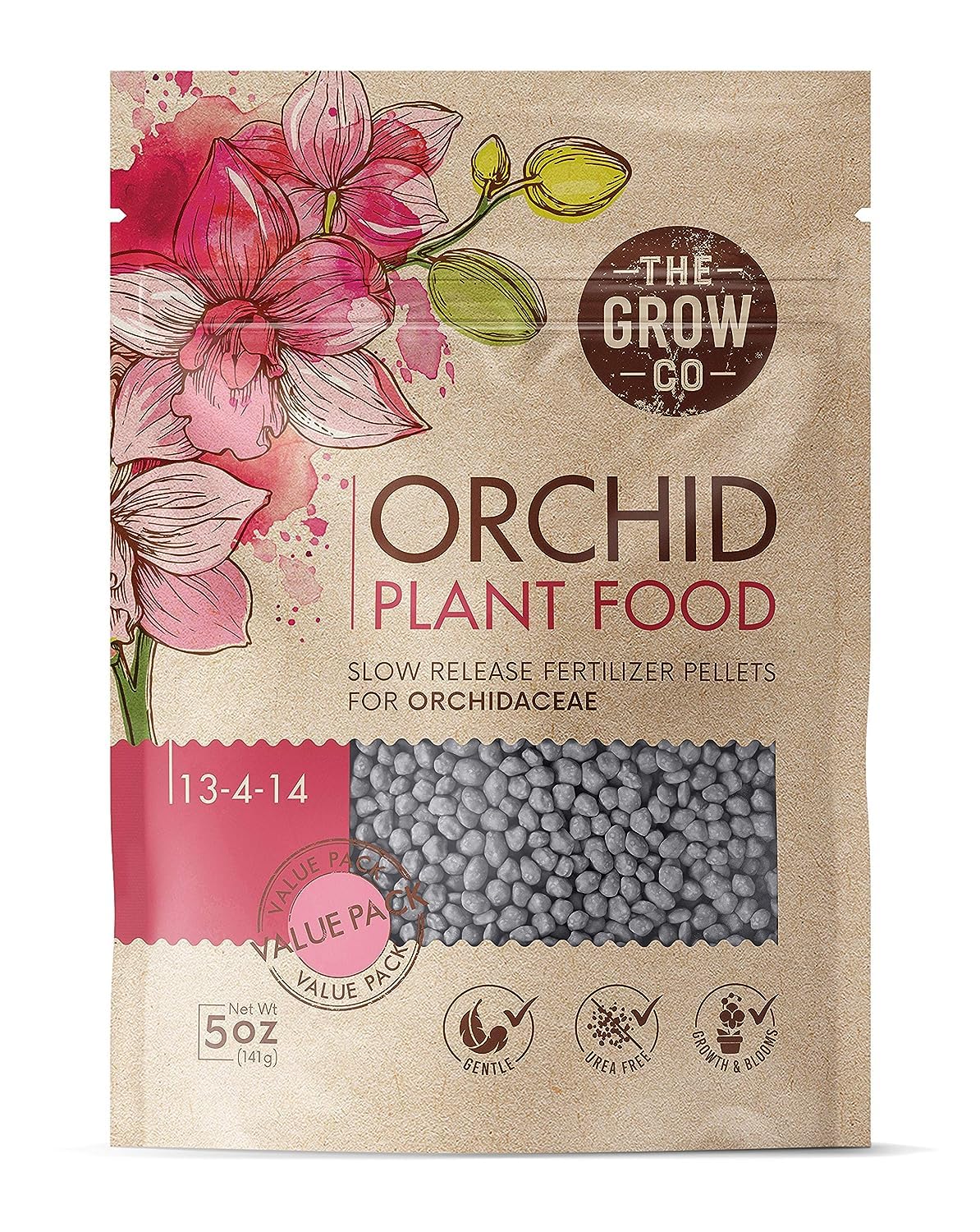 The Grow Co Orchid Plant Food bottle showing slow-release nutrients for healthy blooms