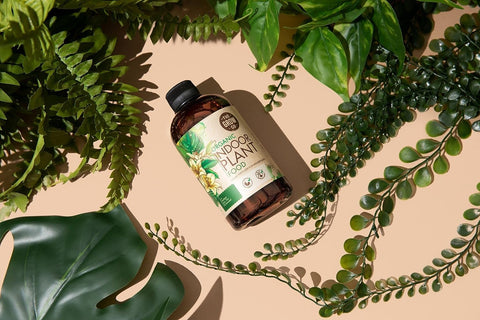 The Grow Co Organic Indoor Plant Food bottle close-up label guides proper application.
