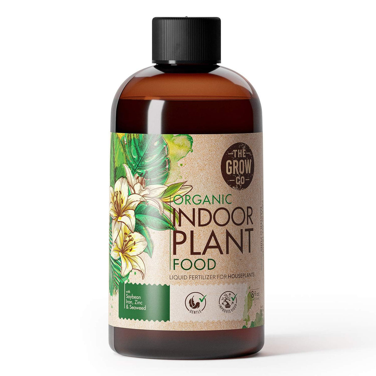 The Grow Co Organic Indoor Plant Food bottle helps indoor plants thrive with balanced nutrients.