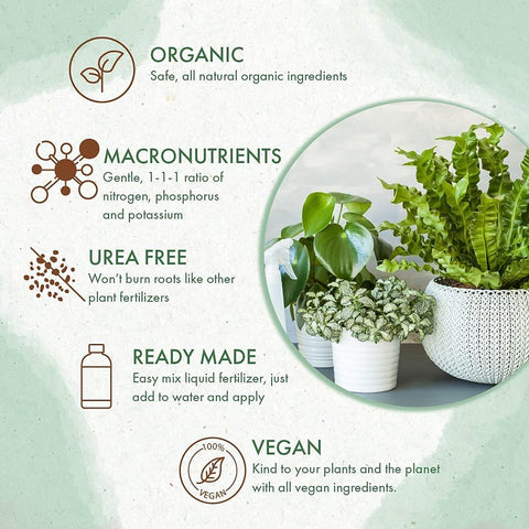 The Grow Co Organic Indoor Plant Food label highlights ingredients for garden-safe use.