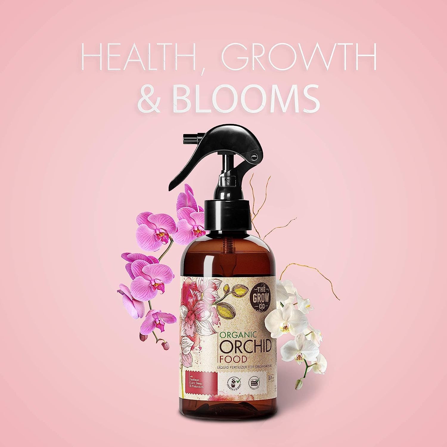 The Grow Co Orchid Food Mist label highlighting organic ingredients and ready-to-use formula.