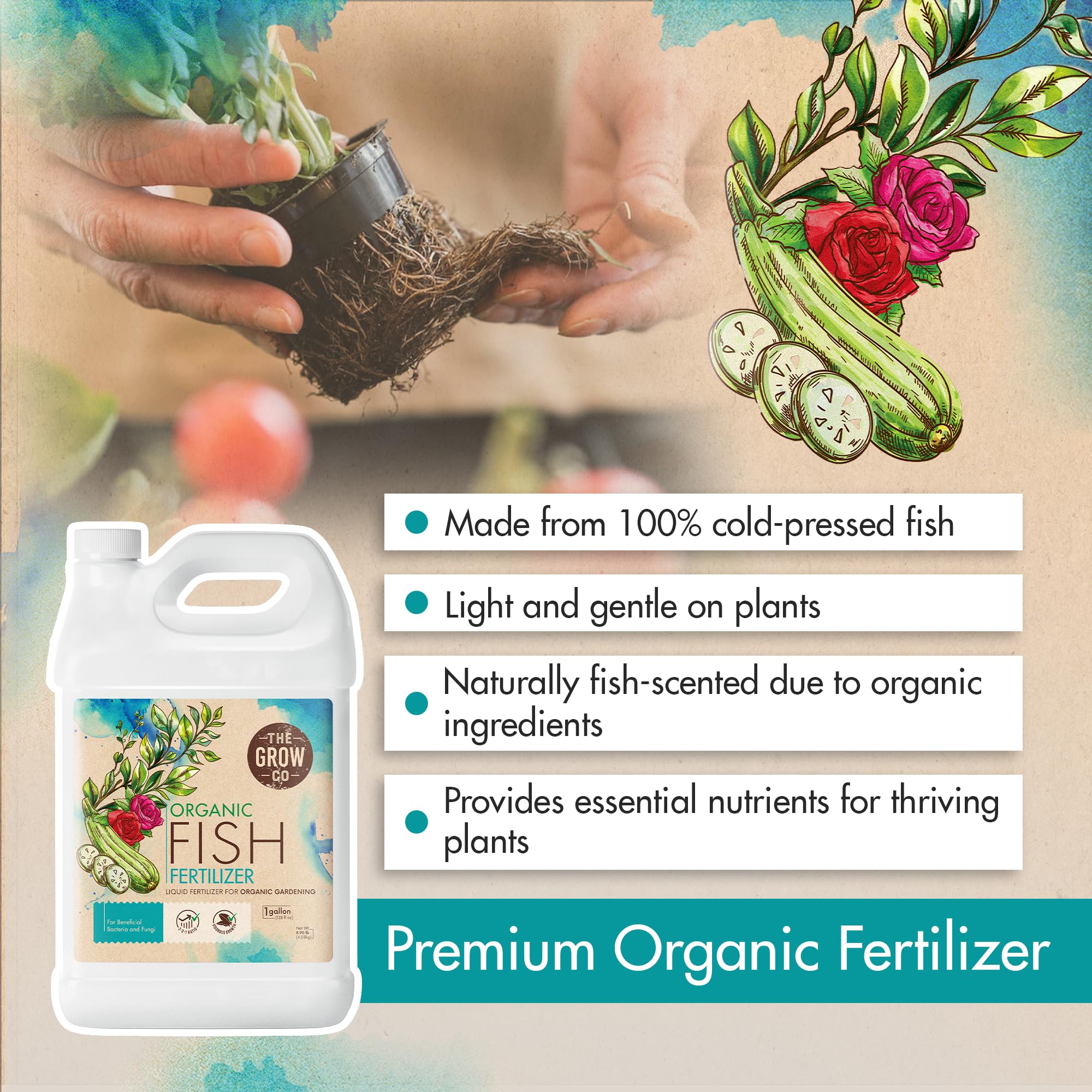 The Grow Co soil-drench imagery highlights improved soil fertility and microbial support.