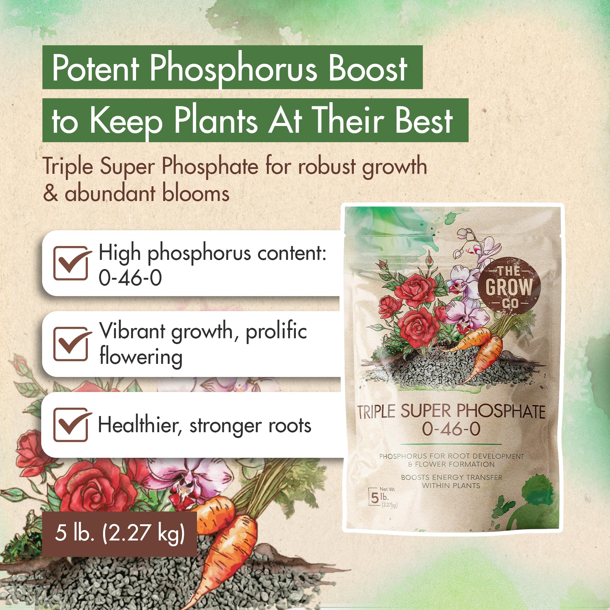 The Grow Co 0-46-0 fertilizer promotes robust root growth for healthy, thriving plants.