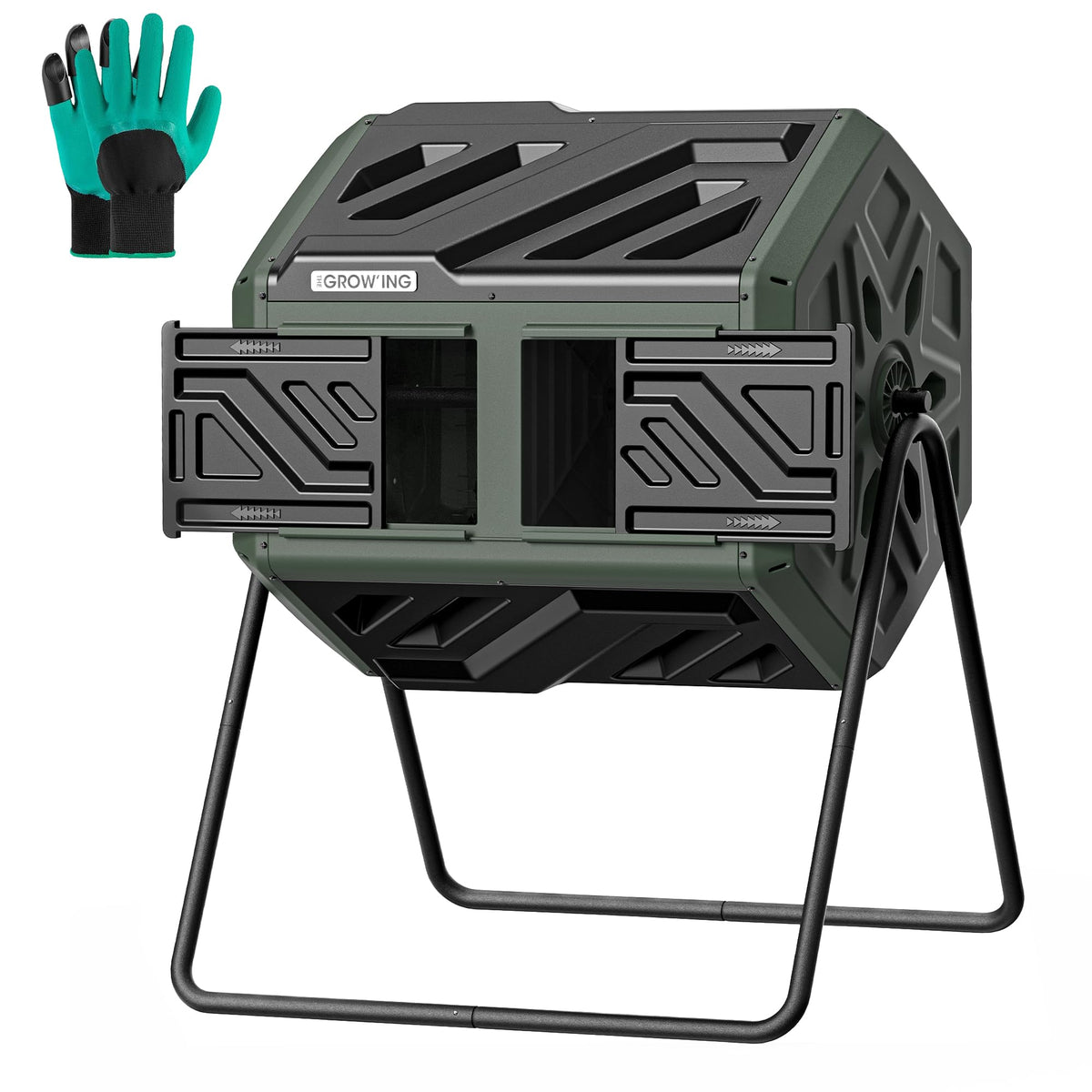 THE GROW'ING 43-gallon compost bin front view, showcasing large capacity for yard and kitchen scraps.