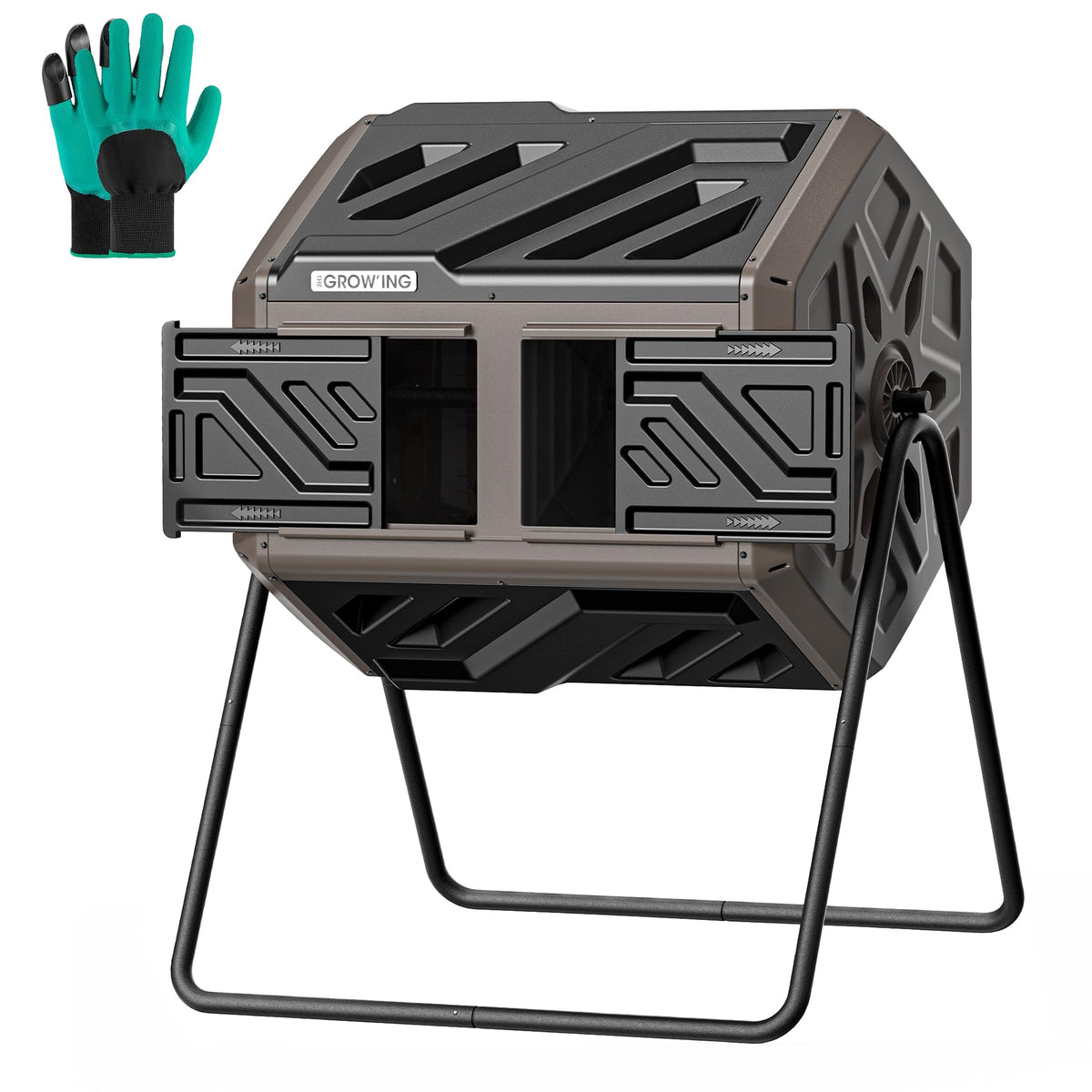 The Grow'Ing 43-gallon compost bin assembly-ready for quick setup in any yard.