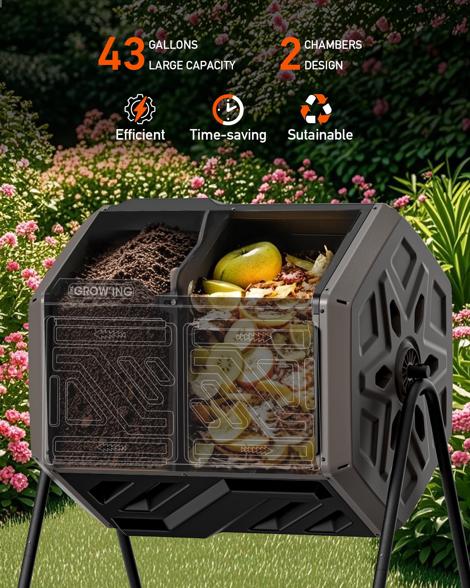 The Grow'Ing vented aeration system promotes faster breakdown of kitchen and yard waste.