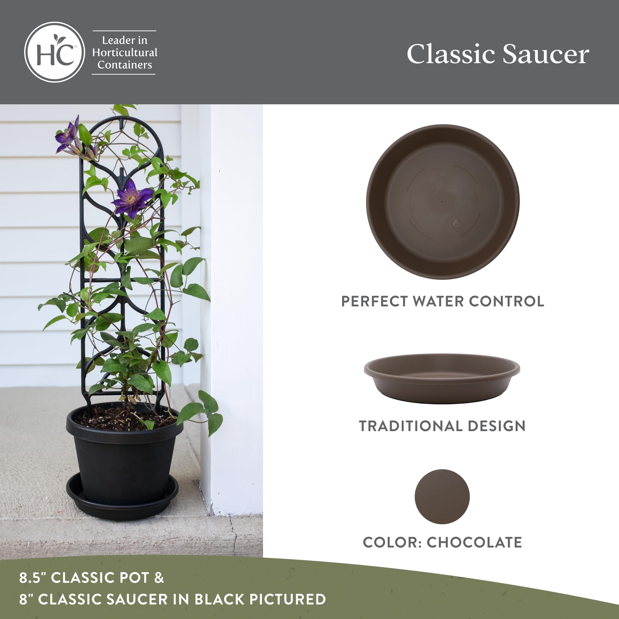 The HC Companies chocolate saucer under outdoor pot in a patio setup.