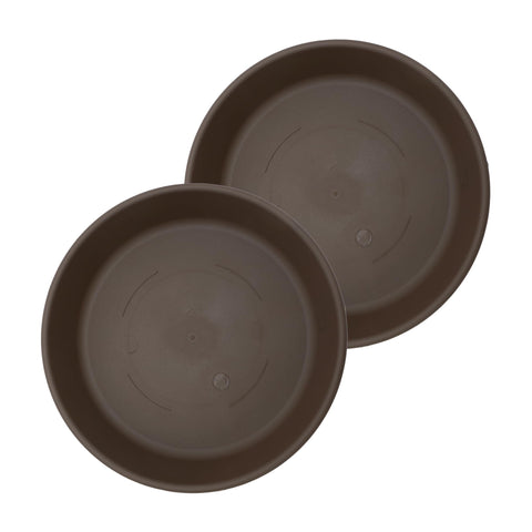 The HC Companies 12-inch round plant saucer in chocolate; under-pot water tray protects surfaces.
