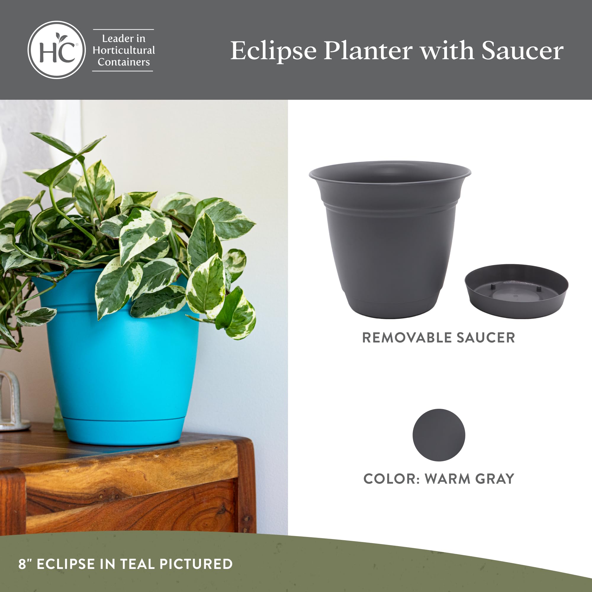 Eclipse planter drainage holes with removable saucer support moisture control and surface protection.