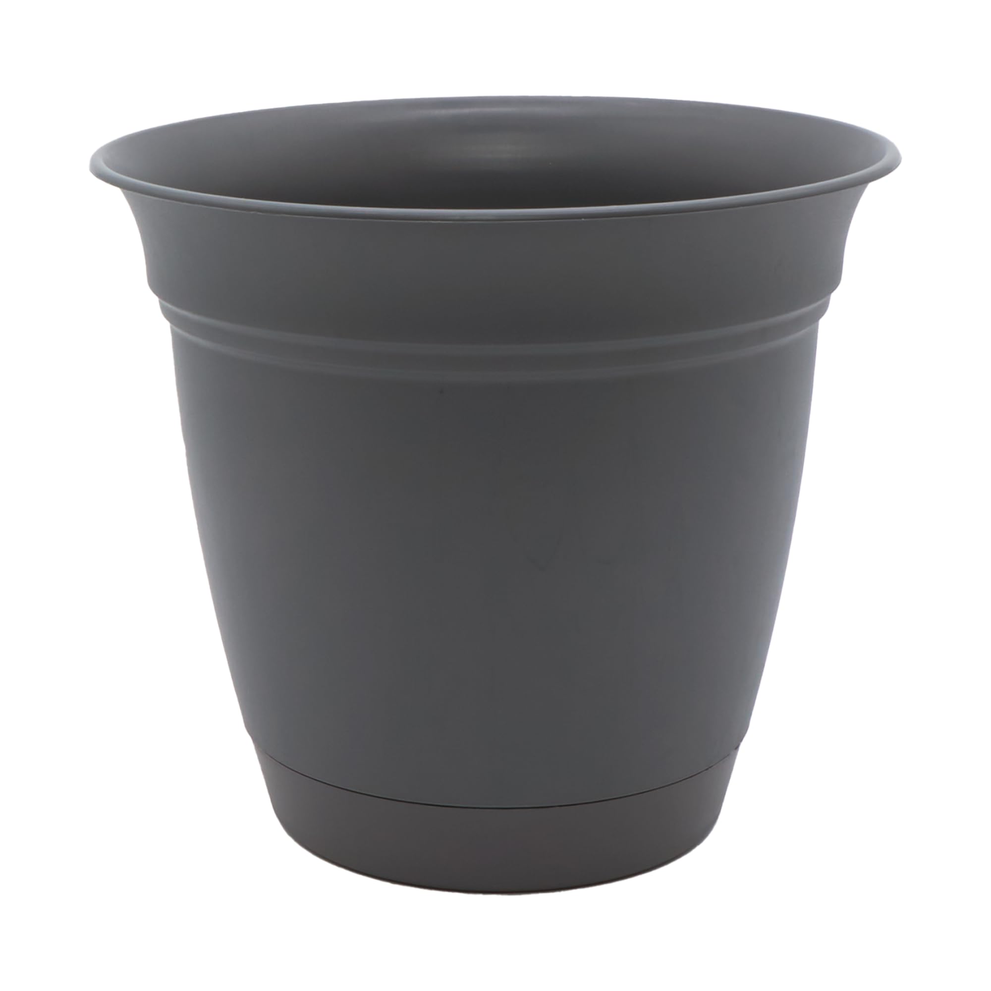The HC Eclipse round planter with saucer in warm gray for versatile indoor and outdoor use.