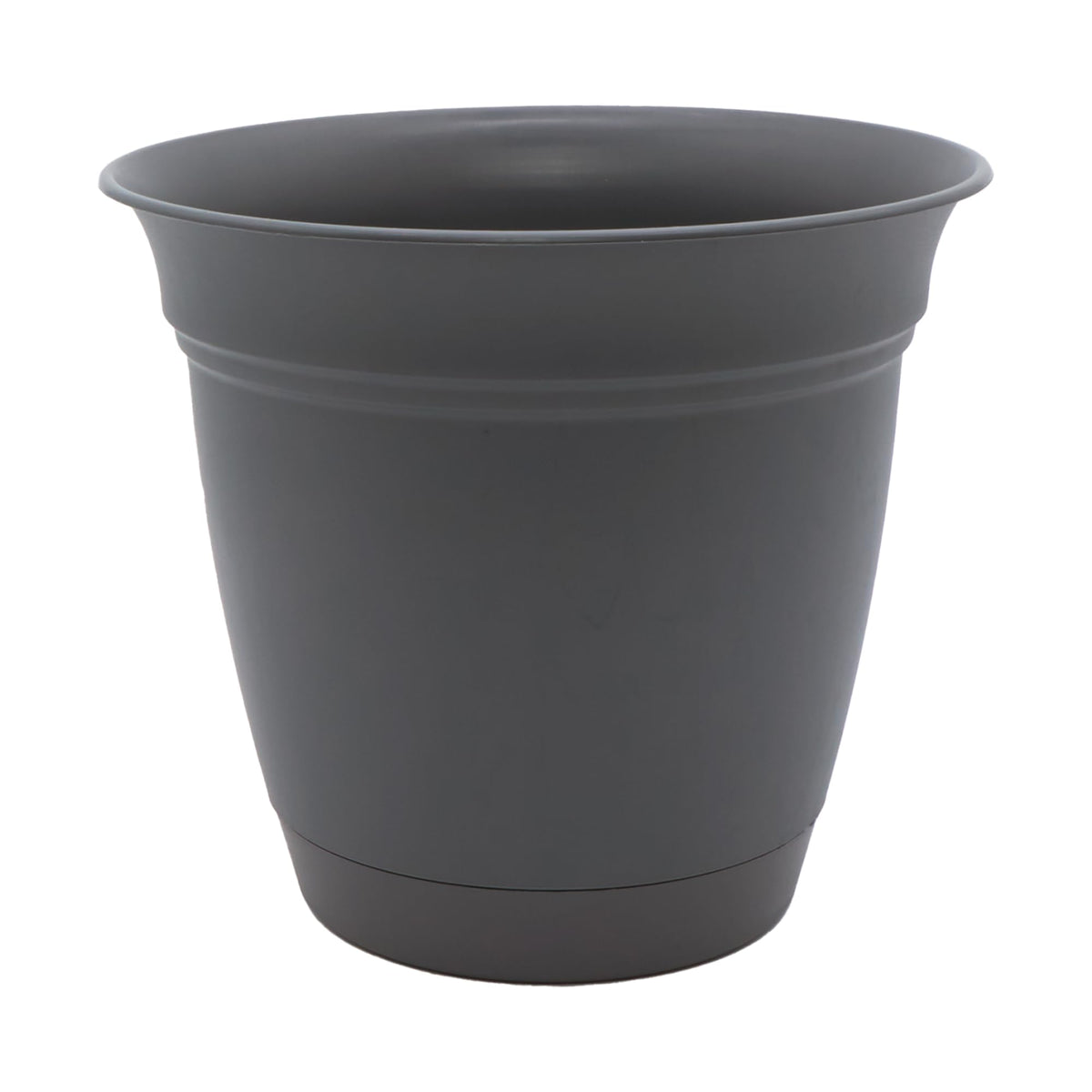 The HC Eclipse round planter with saucer in warm gray for versatile indoor and outdoor use.