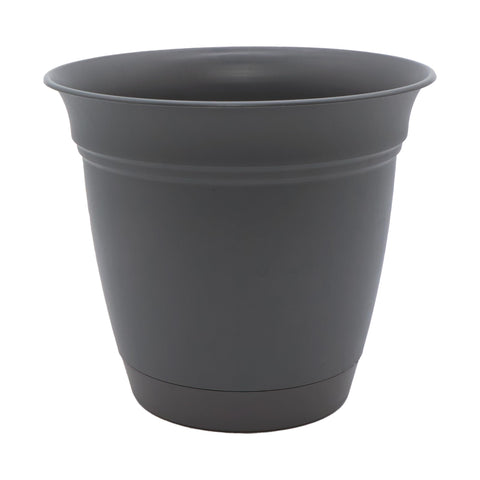 The HC Eclipse round planter with saucer in warm gray for versatile indoor and outdoor use.