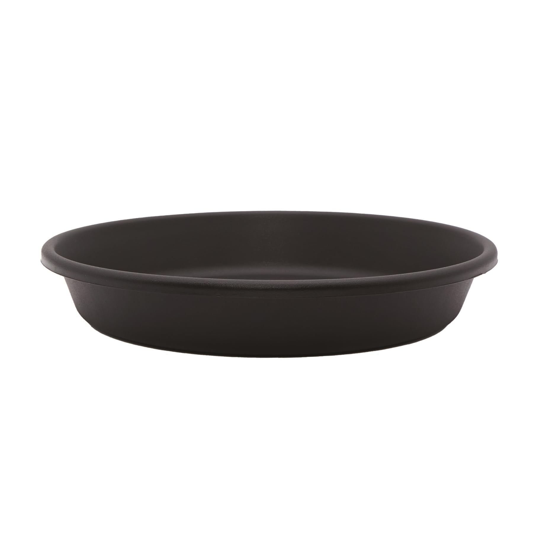 The HC Companies flower pot saucer in black, 12in, top view showing round design and stability for outdoor plants