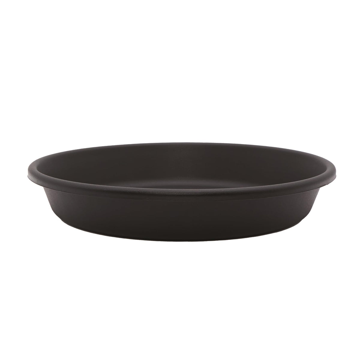 The HC Companies flower pot saucer in black, 12in, top view showing round design and stability for outdoor plants