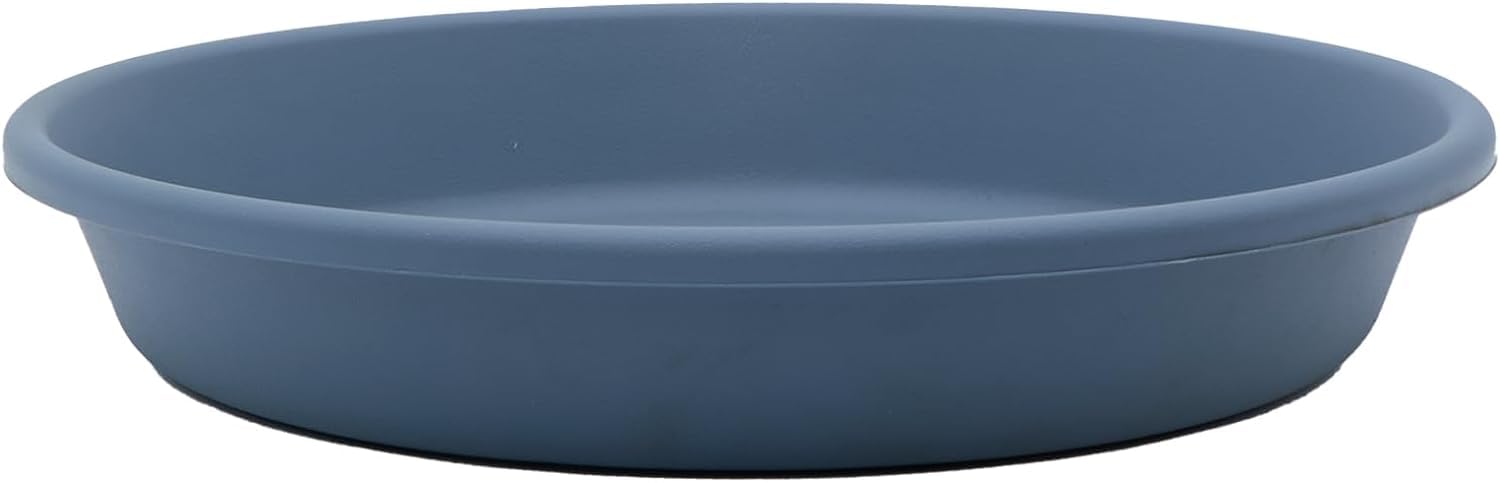 The HC Companies round 16-inch slate blue flower pot saucer protects surfaces and prevents overwatering.